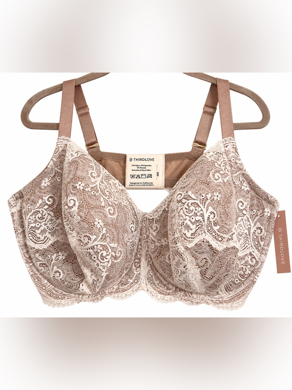 ThirdLove bra Lace Full Coverage UnderwireNude Ivory Floral 46E NWT plus wired